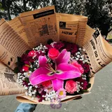 Vibrant Radiance Pink Lily, Purple Mum & Shaded Rose Mixed Handy Bouquet – photo 4