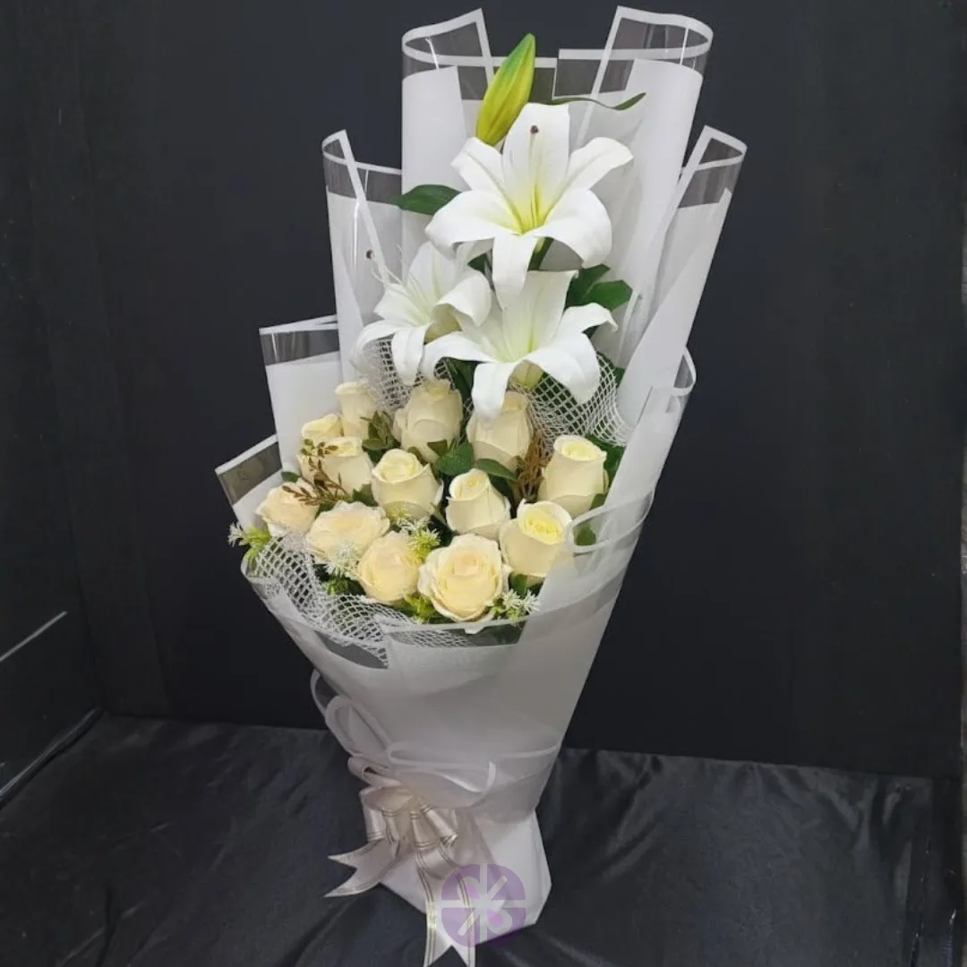 Pure Ivory Artificial White Lily & Rose Stand Bouquet