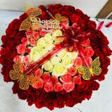 Premium Red, Shade Pink & White Rose Round Basket – photo 4