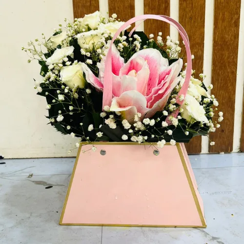The Spring Purity Pink Box Lily & White Rose Arrangement