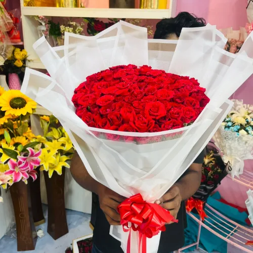 Premium 100 Fresh Red Roses Bouquet with Elegant White Wrapping & Red Ribbon