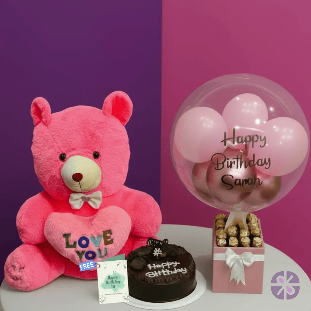 Birthday Joy Teddy Bear, Cake & Balloon Bouquet Combo Set