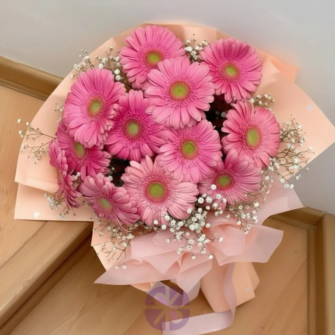 Elegent 12 Pink Gerbera and Baby's Breath Hand Bouquet