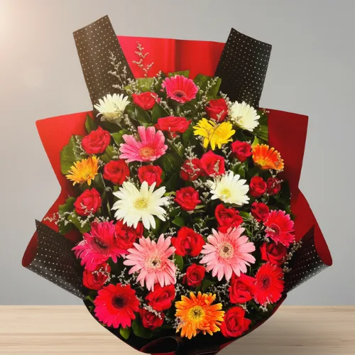 Multi-Color Gerbera and Red Rose Celebration Bouquet