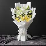 Elegant White Chinese Lily & Yellow Rose Stand Bouquet – photo 1