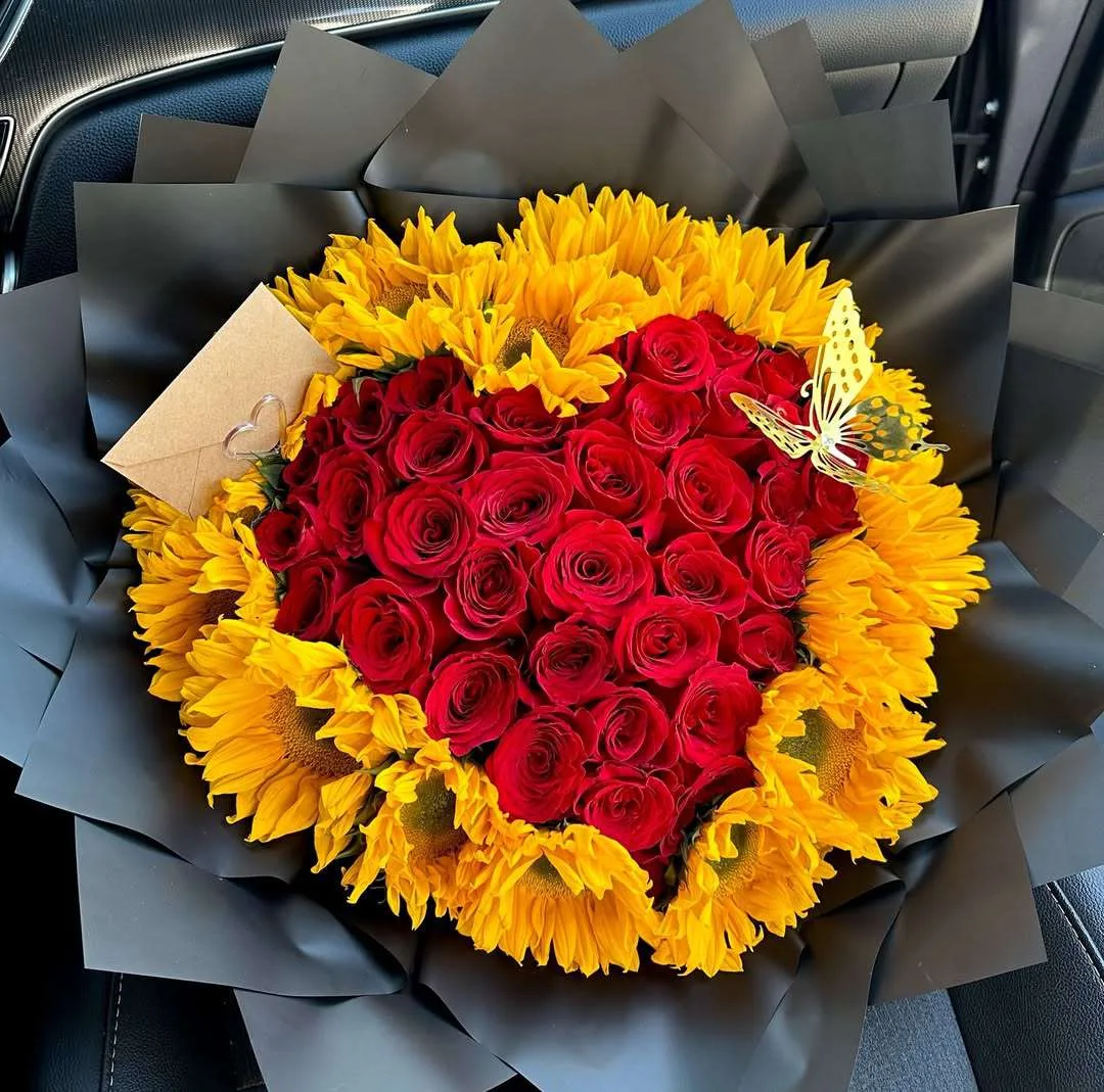 Sunflower & Red Rose Heart Bouquet with Butterfly