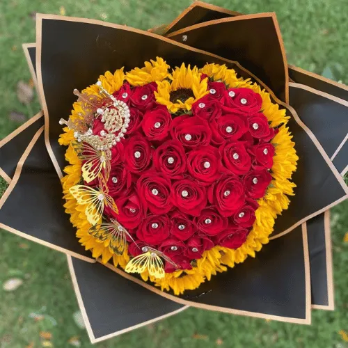 Heart-Shaped Red Rose & Yellow Sunflower-Style Bouquet with Crown & Butterflies